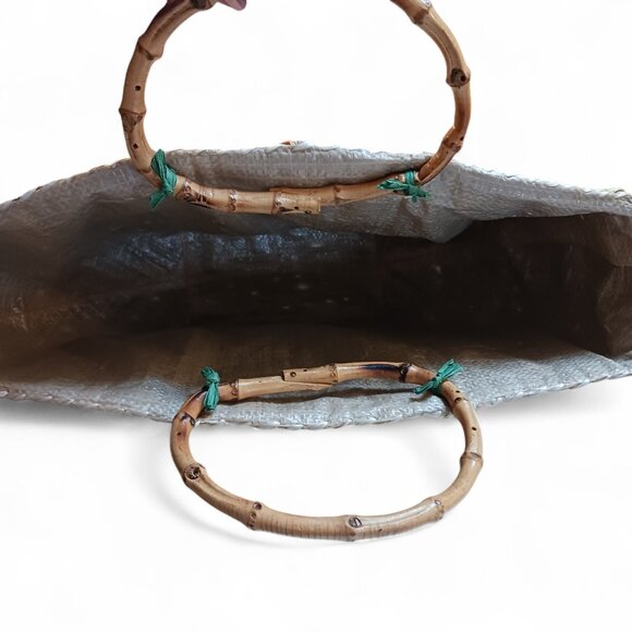 Vintage Hawaii Woven Straw Tote Bag w/ Bamboo Handles, Lined - Picture 9 of 14